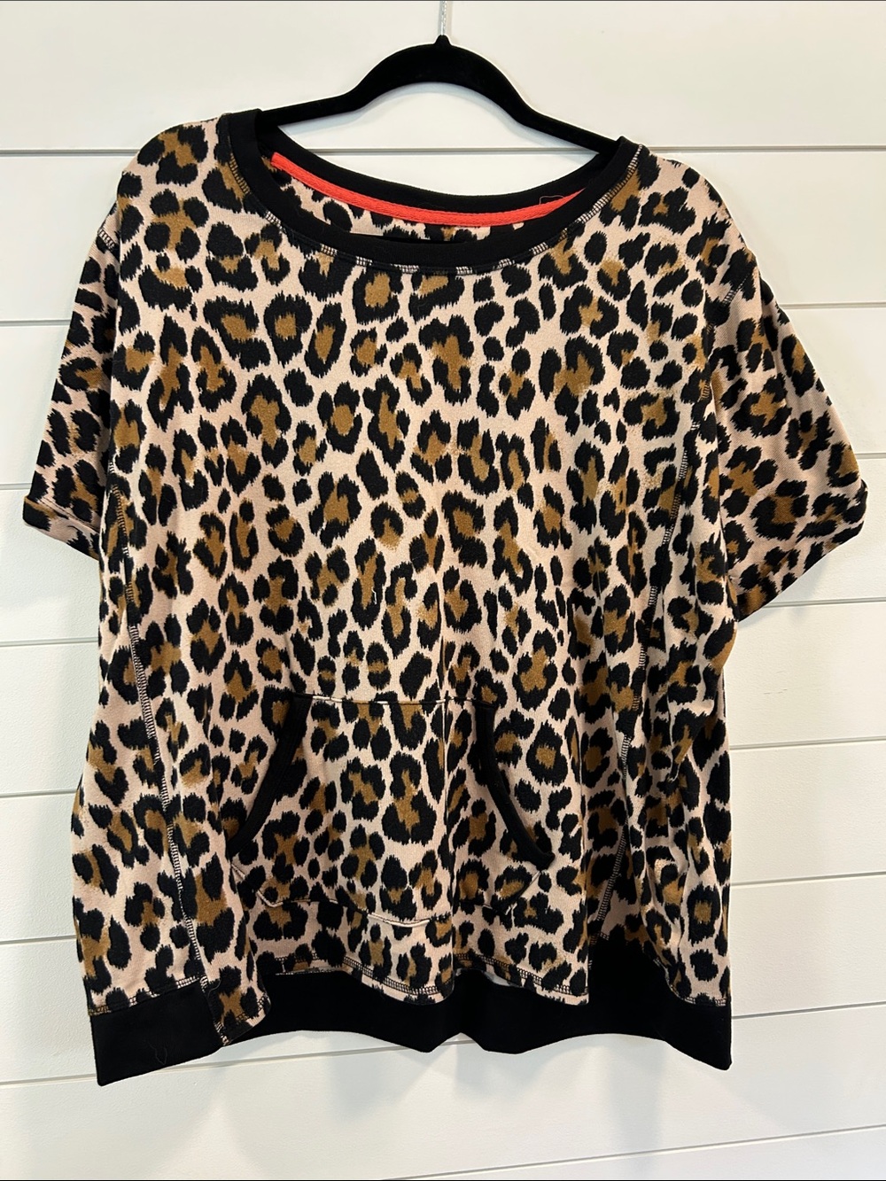 Leopard Print Short Sleeve Pullover Hoodie - Beige/Black
